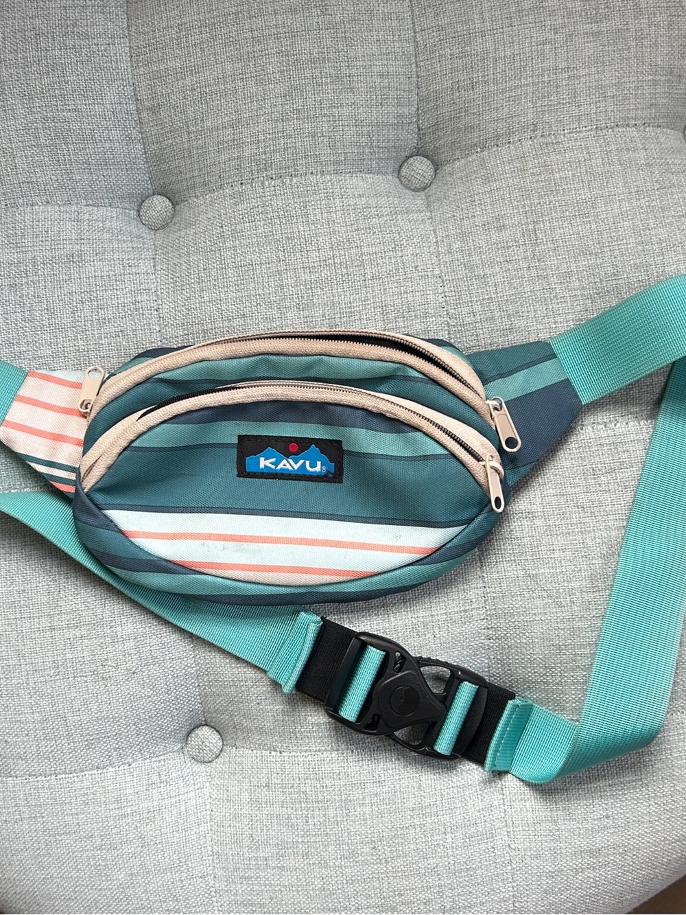 KAVU Teal Striped Waist Pack Fanny Pack Hip Bag Outdoor Travel